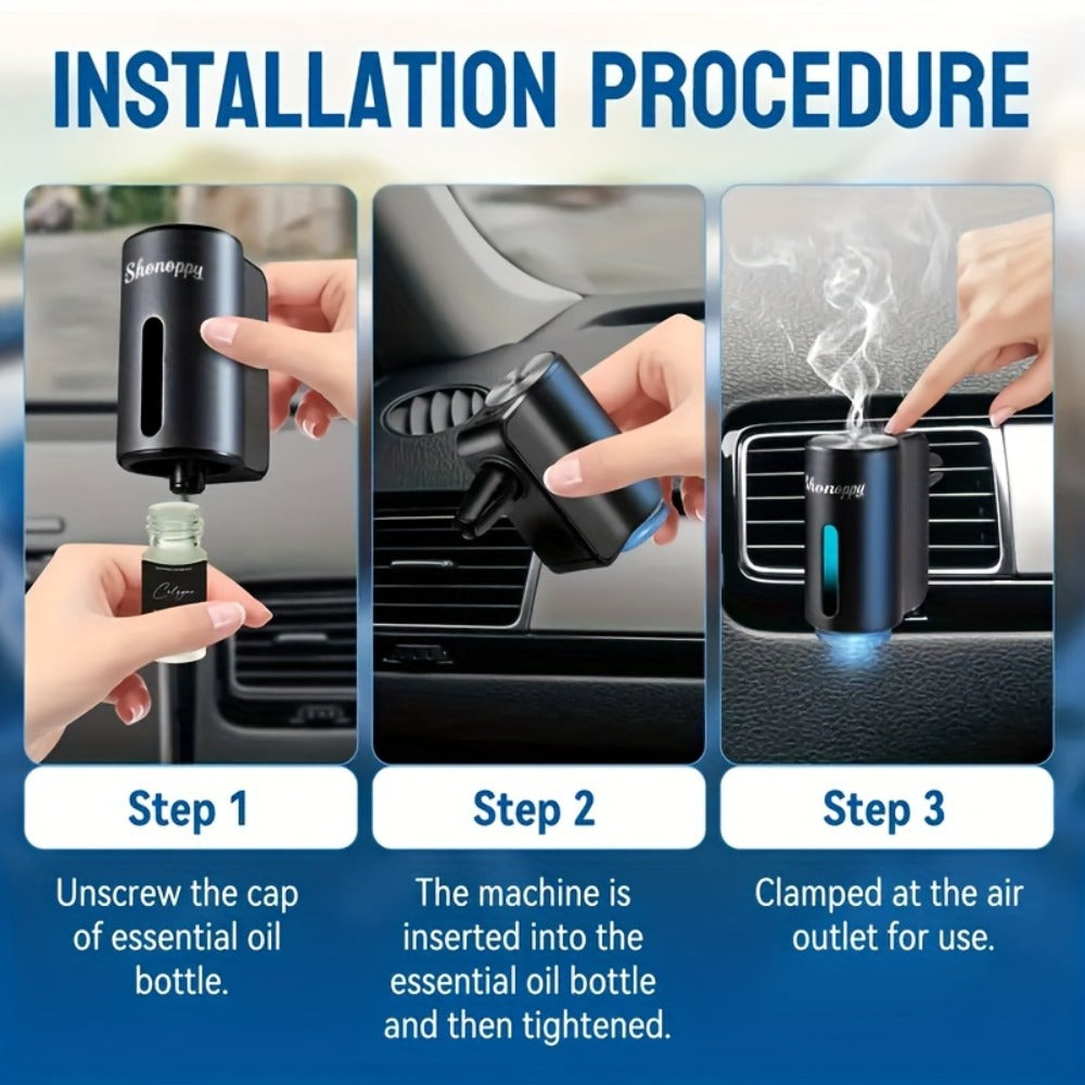 Car Air Freshener Serenepy Waterless Vent Diffuser with USB Power, Three Intensity Levels and 3- or 6-Bottle Options