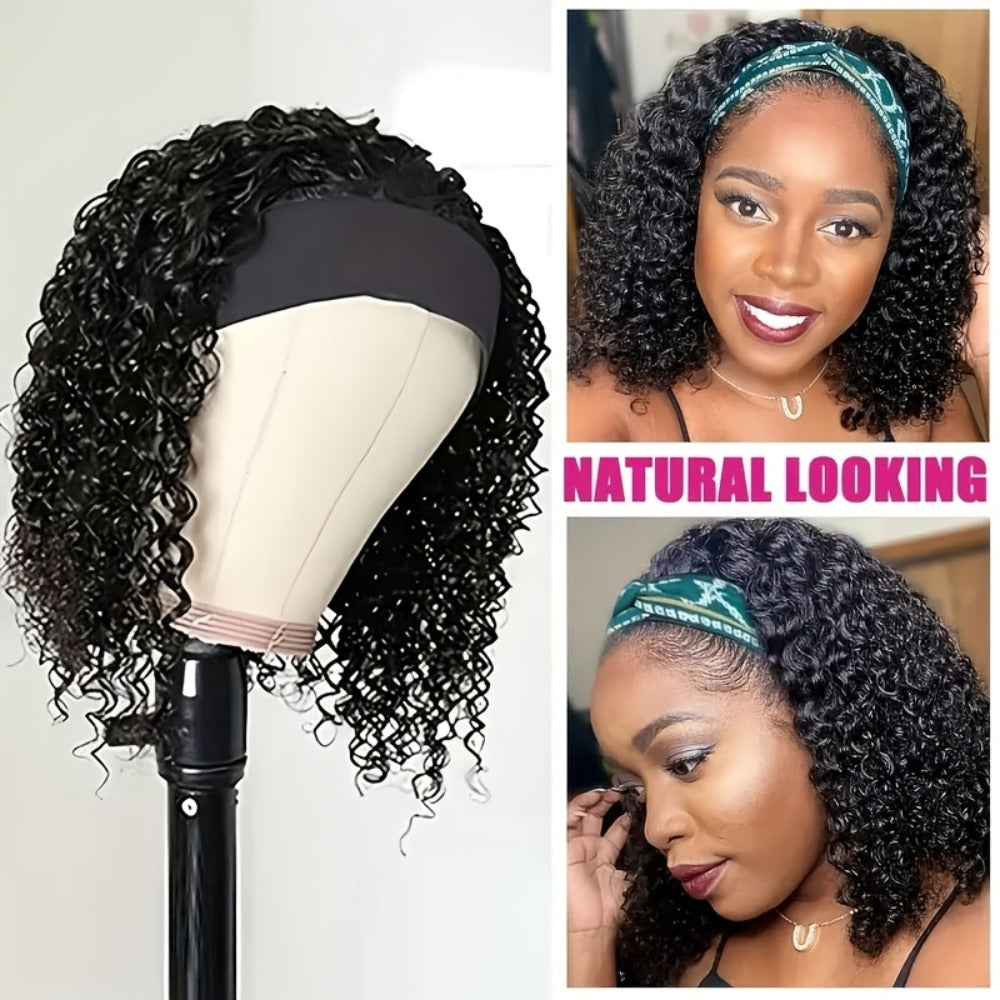 Headband Wig Curly Wavy for Women Black Synthetic Glueless No Lace – Elastic Cap Heat Resistant Beginner Friendly for Daily Wear Party