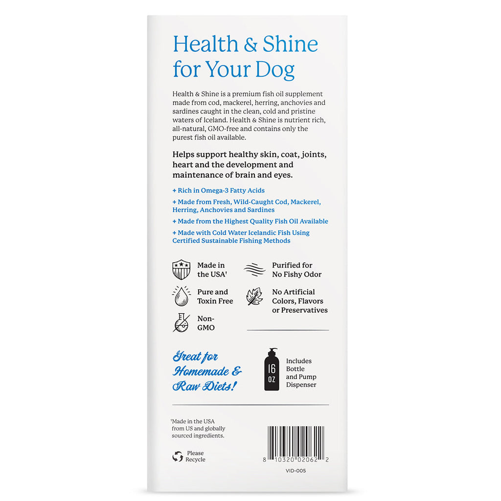 Health & Shine for Your Dog fish oil supplement back packaging, 16 oz bottle with pump dispenser