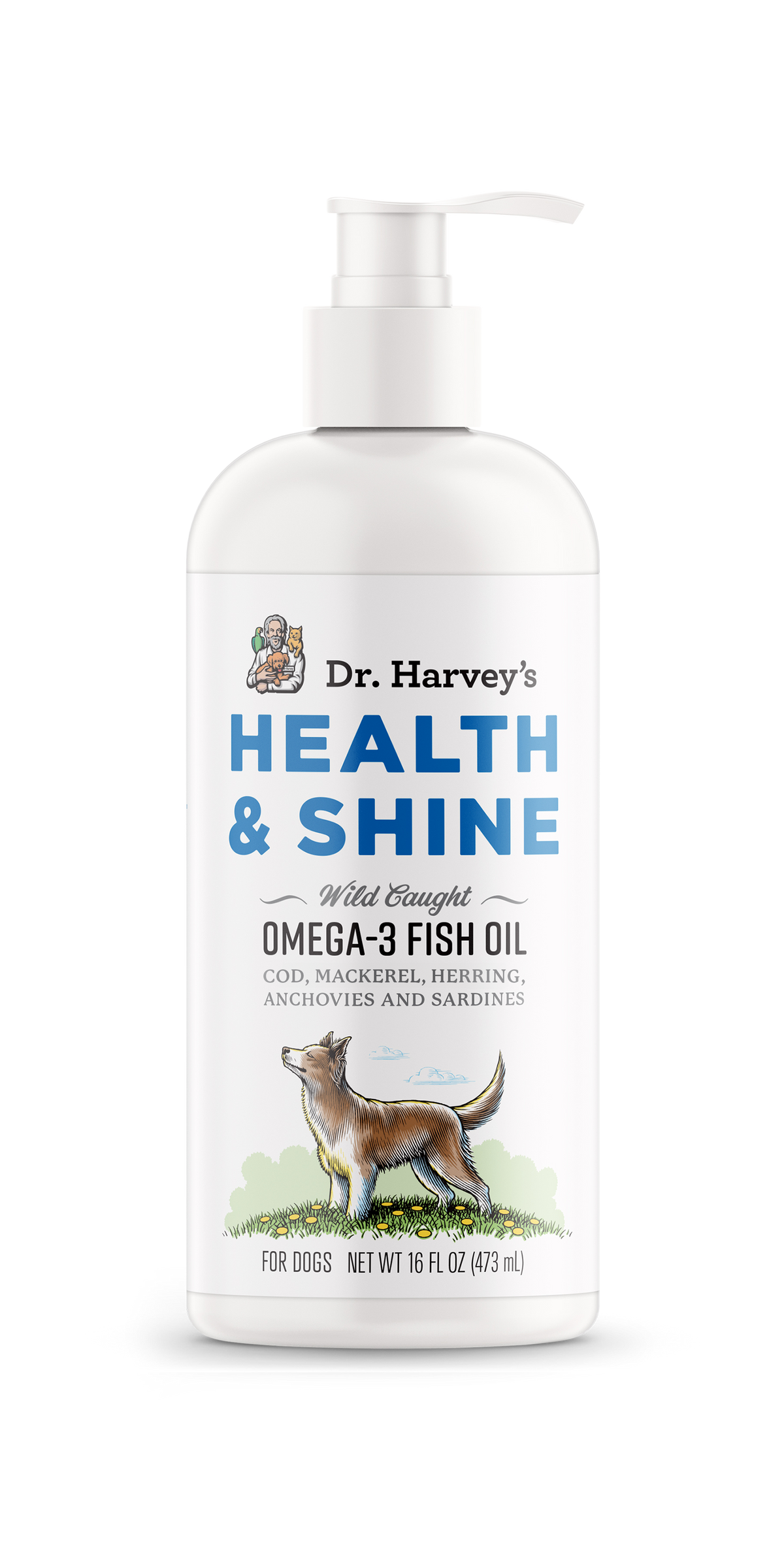 Dr. Harvey's Health & Shine Wild Caught Omega-3 Fish Oil pump bottle for dogs, 16 fl oz