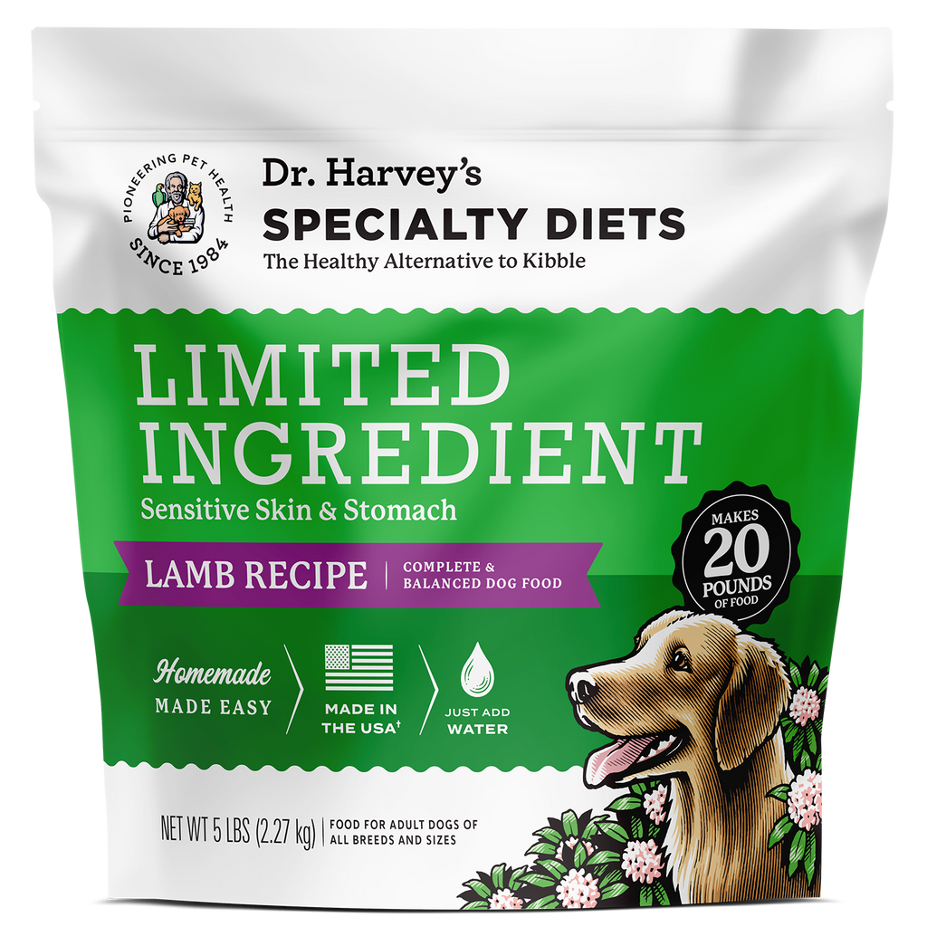 Dr. Harvey's Specialty Diets Limited Ingredient Lamb Recipe dog food bag, 5 lbs, with golden retriever illustration