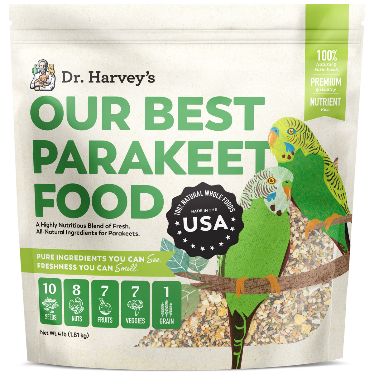 Dr. Harvey's Our Best Parakeet Food 4lb bag with illustrated green parakeets on a branch
