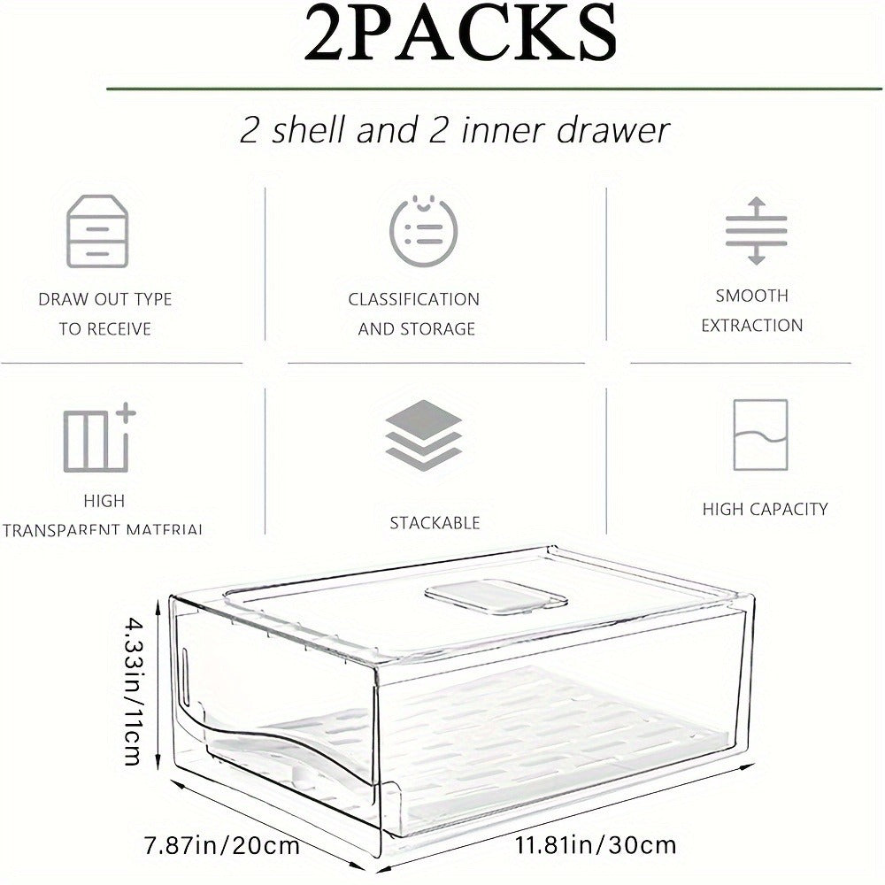 Stackable Fridge Organizer Bins with Drain Board 2 Pack, Refrigerator Drawer Organizer for Produce Fruit Vegetable