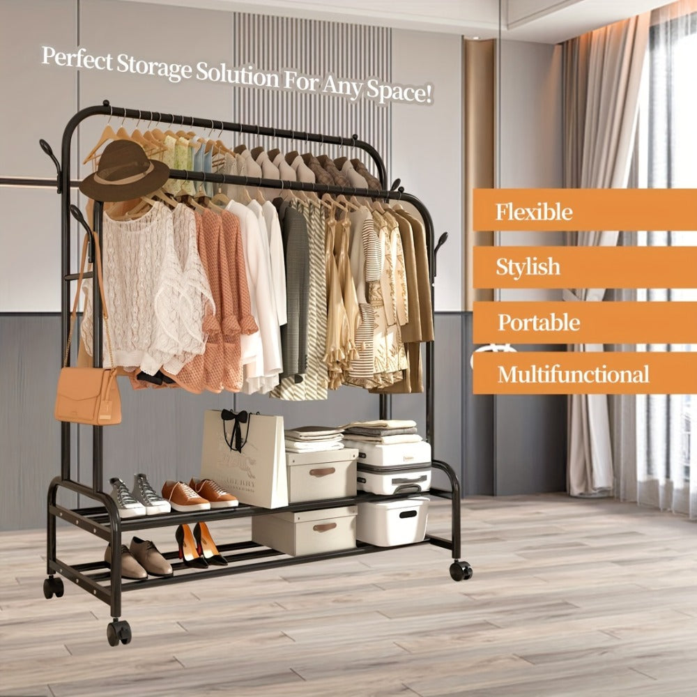 Black or Gold-Color Double-Rod Clothing Rack with Wheels, Side Hooks and 150 x 110 x 46 cm Frame