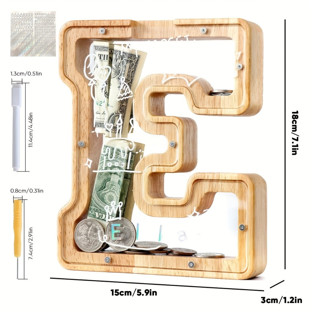 Alphabet Wooden Money Bank for Adults A to Z Letter Piggy Bank – Personalized Coin Bank Home Decor Craft Art Decoration