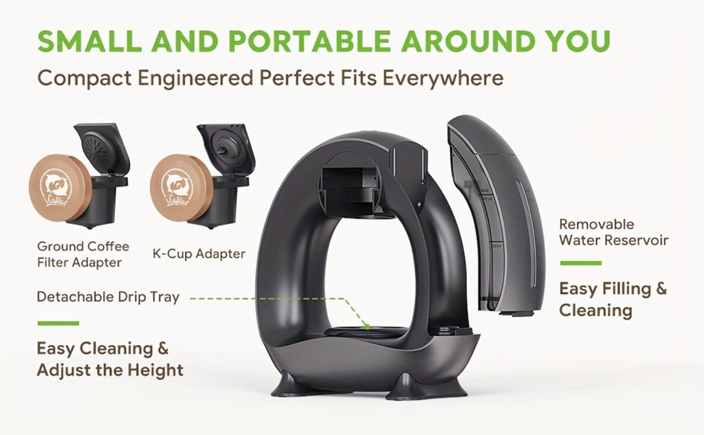 Compact Single-Serve Coffee Maker for Pods, Grounds or Tea with 4-8oz Serving Label and Four Colors