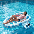 Blue-and-White Inflatable Pool Lounger with Backrest, Cup Holder and 77 x 50-Inch Pictured Size
