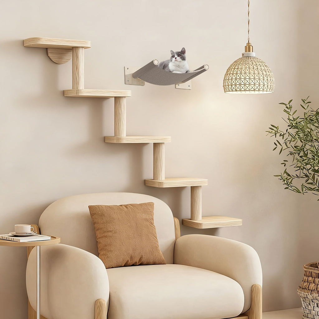 Five-Step Wall-Mounted Cat Tree with 85cm Vertical Wood Frame and Staggered Rectangular Platforms