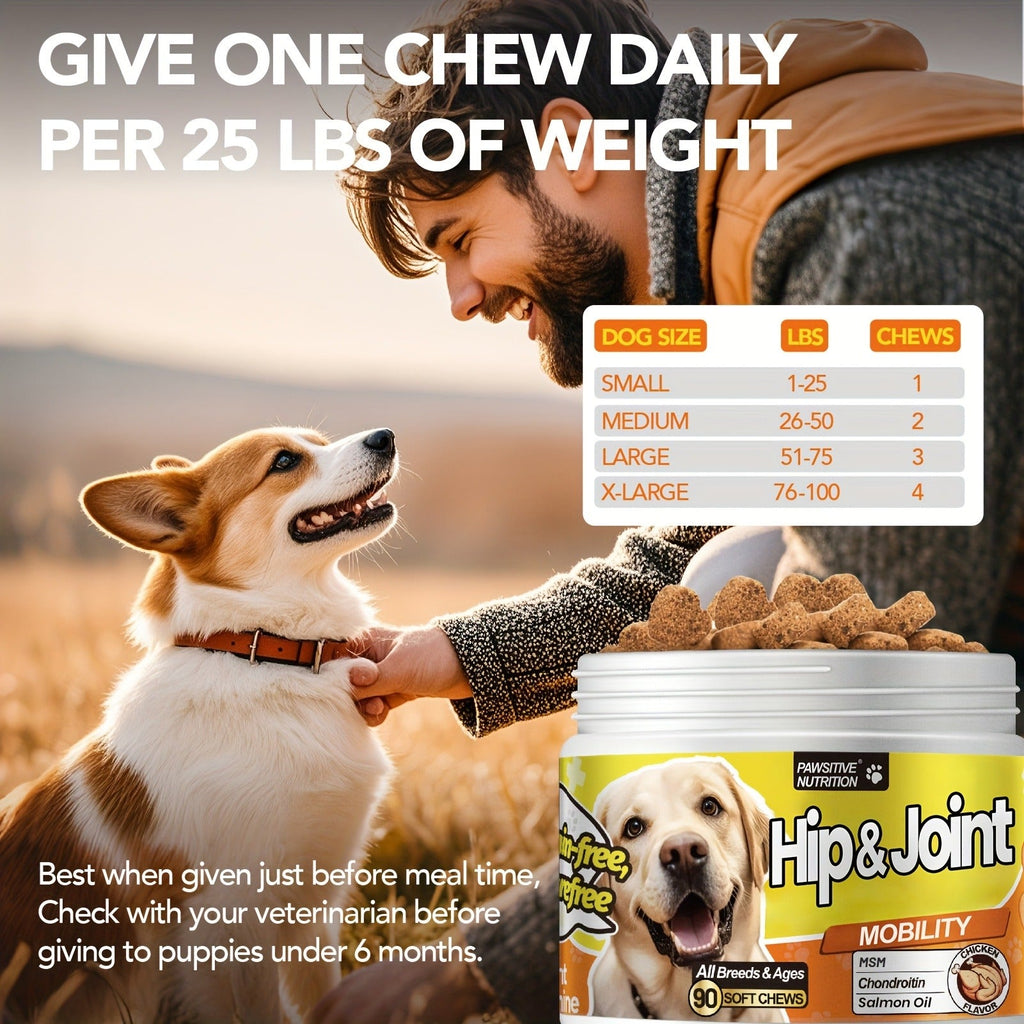 Dog Hip and Joint Soft Chews with Glucosamine, Chondroitin, MSM and Salmon Oil, 90 Count per Bottle