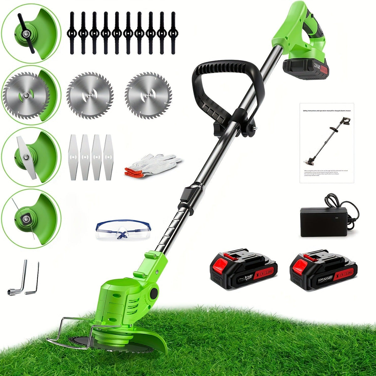 Cordless String Trimmer 24V 800W, Weed Wacker with 2 Batteries, Charger & 3 Blades, Adjustable Head
