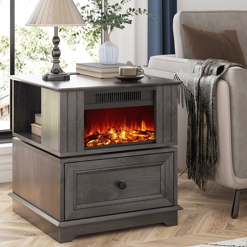 Electric Fireplace End Table Rotating 13-Inch Screen Side Table with Fast Charging Station Storage Shelf for Living Room Bedroom