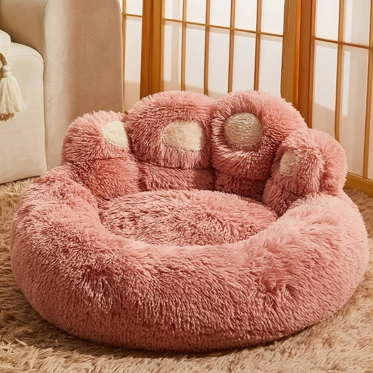 Bear-Paw Round Plush Pet Bed in Coffee, Pink or Gray with Four Weight-Labeled Size Options