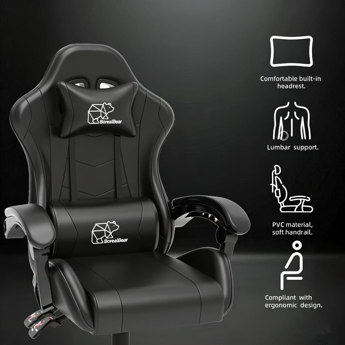 Gaming Chair with Retractable Footrest, Adjustable Lumbar Pillow, Headrest, 360° Swivel and Height Adjustment