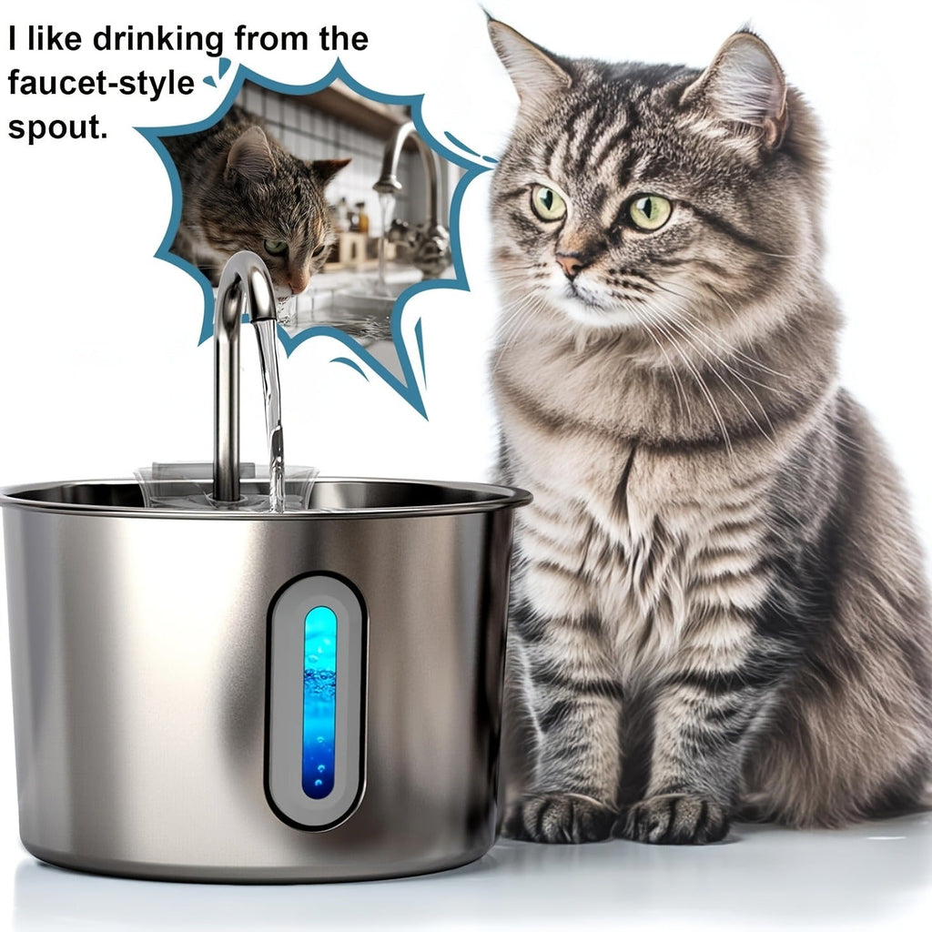 Stainless Steel Cat Water Fountain 74oz – 304 Food-Grade Steel, Ultra-Quiet USB Pump, 3-Stage Filtration, Visible Water Level Window