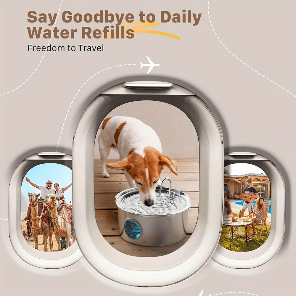 7L Pet Water Fountain with Stainless-Steel-Marked Basin, Water-Level Window and Dual Arched Outlets
