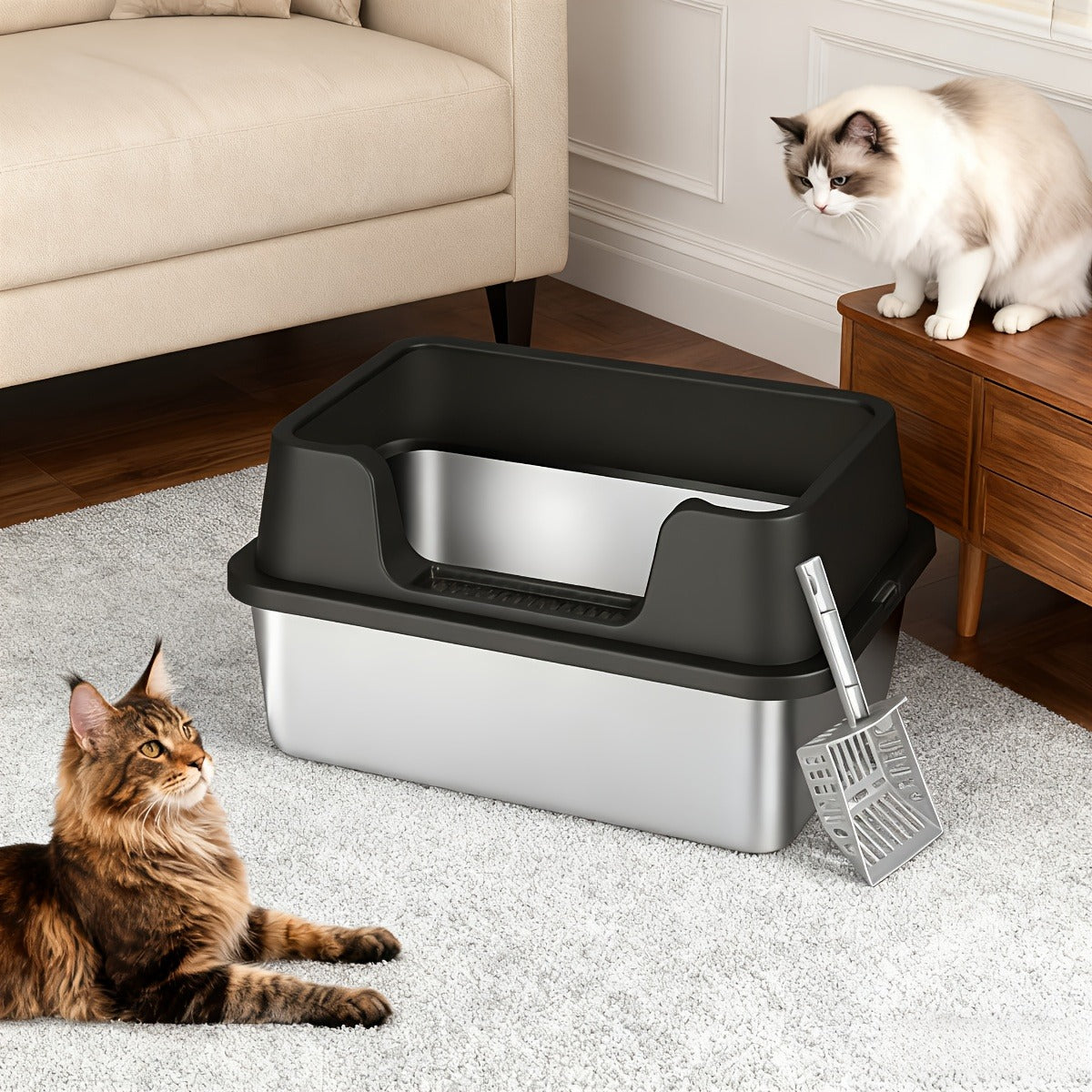 Stainless Steel Cat Litter Box with High-Wall Surround, Front Step, Scoop and 8.46- or 10.43-Inch Wall Options