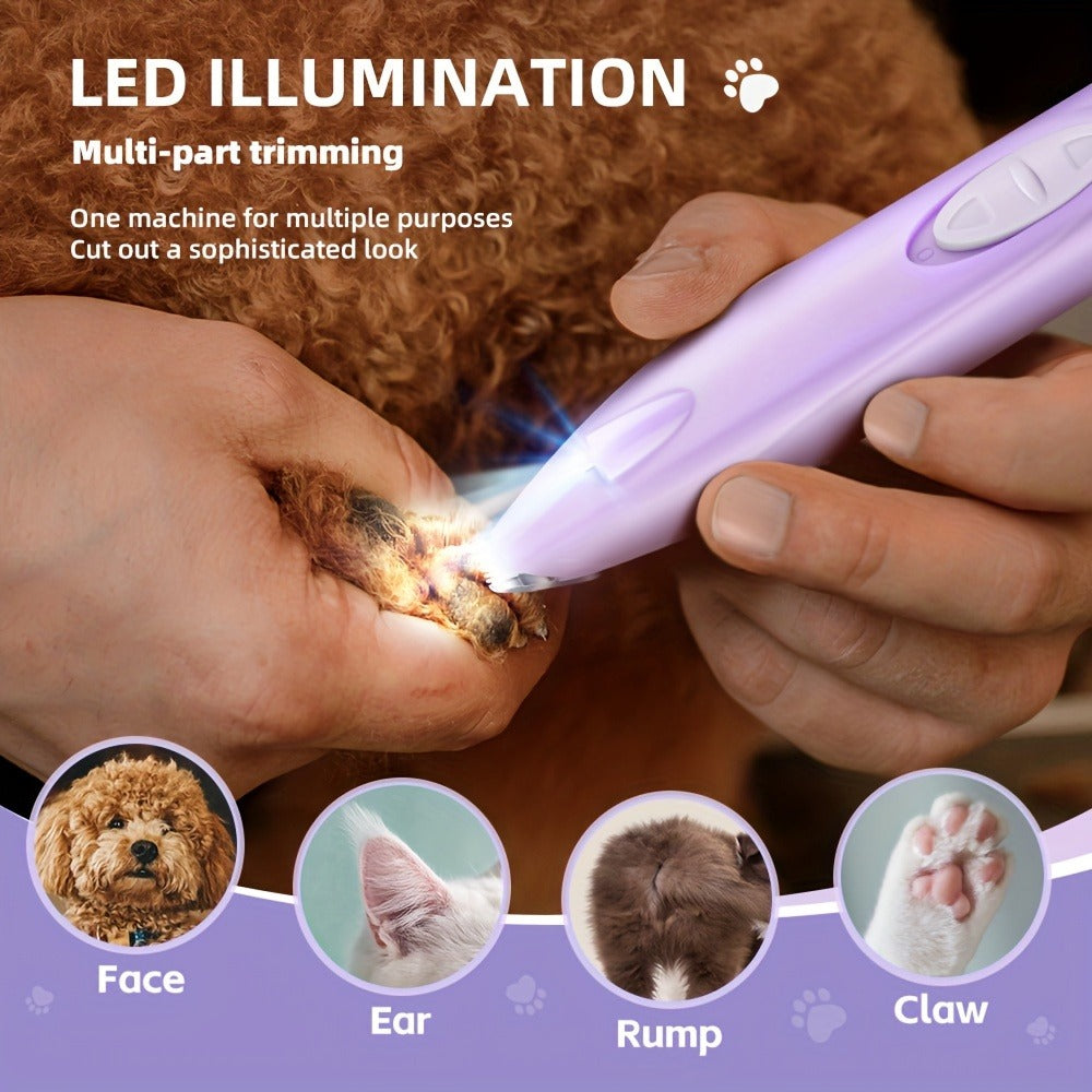 LED Dog Paw Trimmer with USB-Rechargeable Cordless Design, Spare Head Pieces and Purple or Green Finish