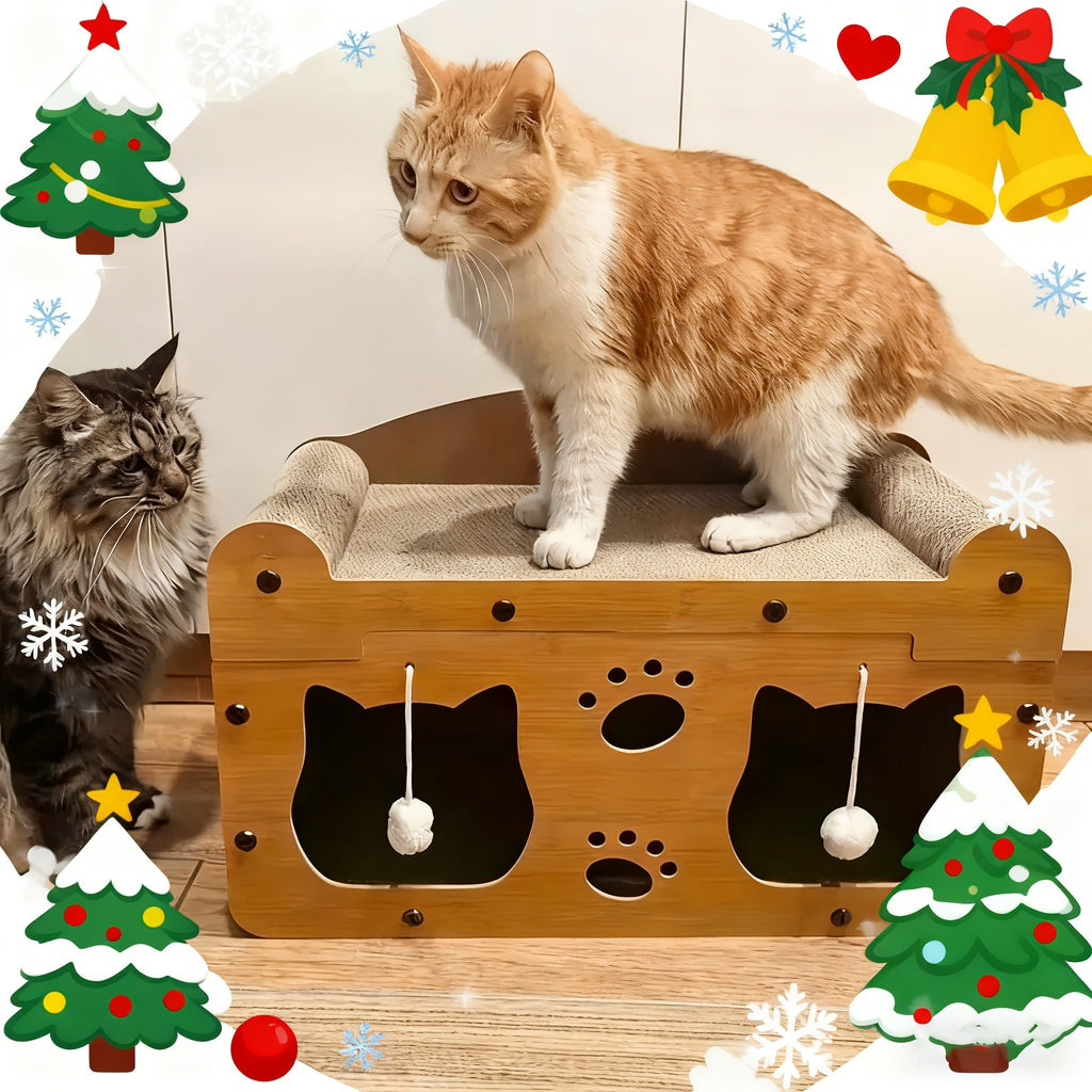 Large Cat House with Scratcher Pad & Plush Ball Toys, Ventilated Multi-Functional Indoor Outdoor Cat Shelter