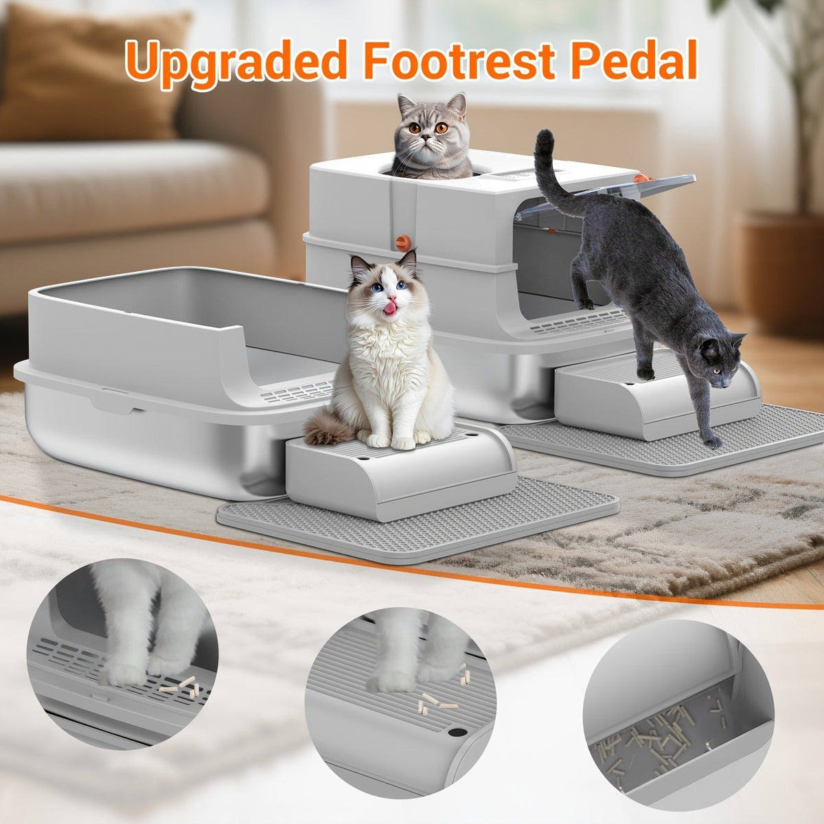 TEKEPL 68L Cat Litter Box with Stainless Steel Basin and Modular Enclosed, Semi-Open or Open Configuration