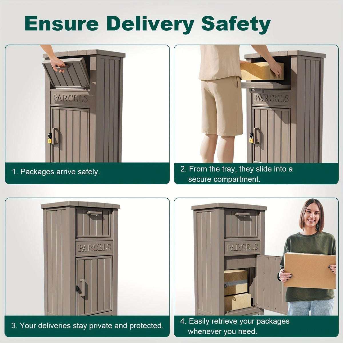 Tall Light-Brown Parcel Outdoor Storage Box with Drop Compartment, Front Door and Lock Hardware