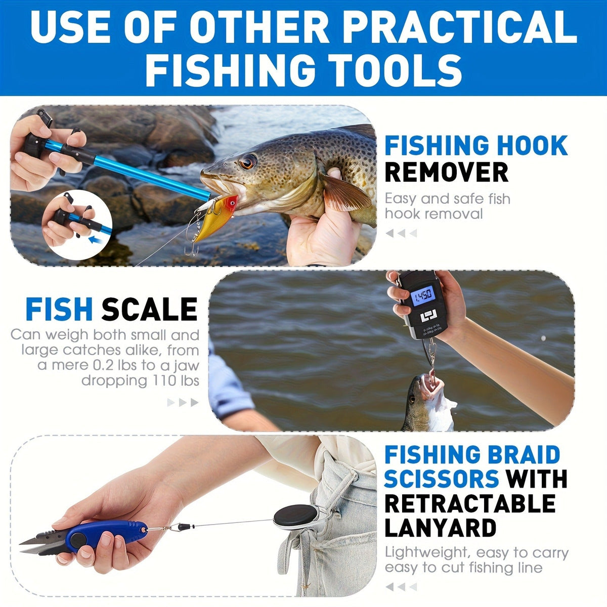 Fishing Tool Kit 10-Piece – Fishing Pliers with Lanyard & Sheath, Landing Net, Fillet Knife, Fish Scale, Gripper, Hook Remover