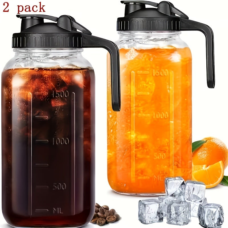 Three-Pack 64-Ounce Mason-Style Glass Pitchers with Pink Flip Lids, Handles and Wide Mouths