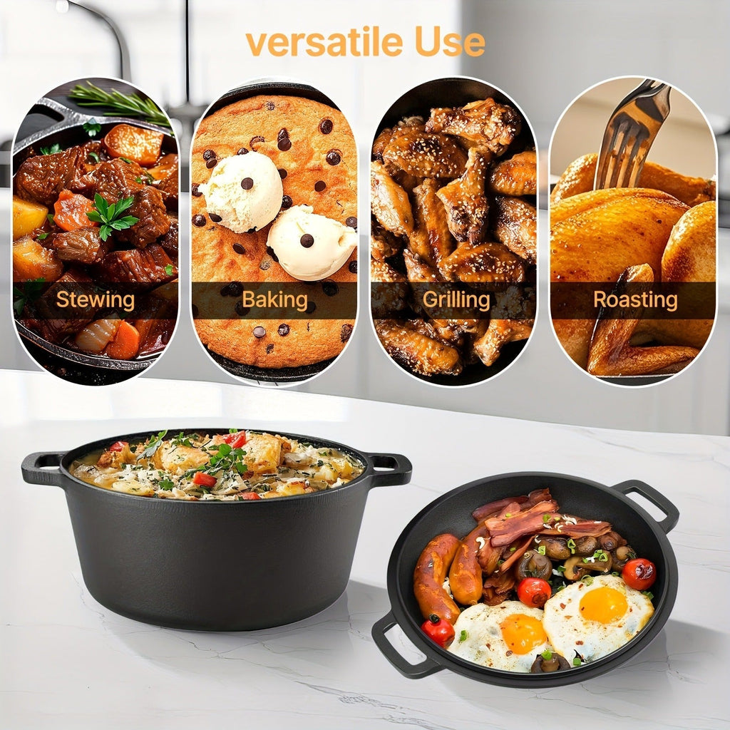 Pre-Seasoned-Labeled Cast Iron Dutch Oven with Reversible Skillet Lid, Trivet, Handle Covers and Scraper