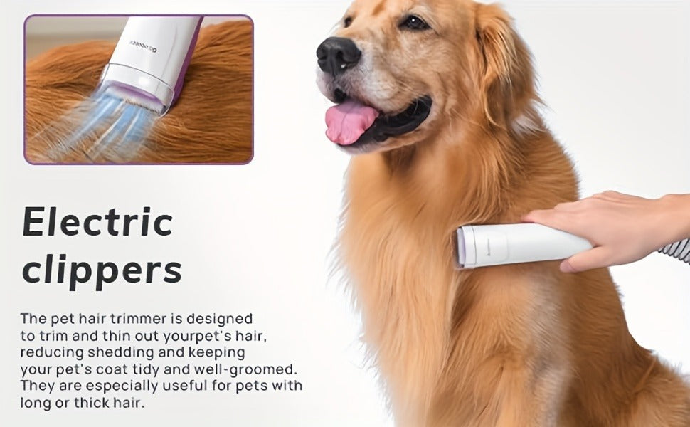 Pet Grooming Vacuum Kit with 2.5L Collection Cup, Electric Clipper, Hose and Four Pictured Tool Attachments