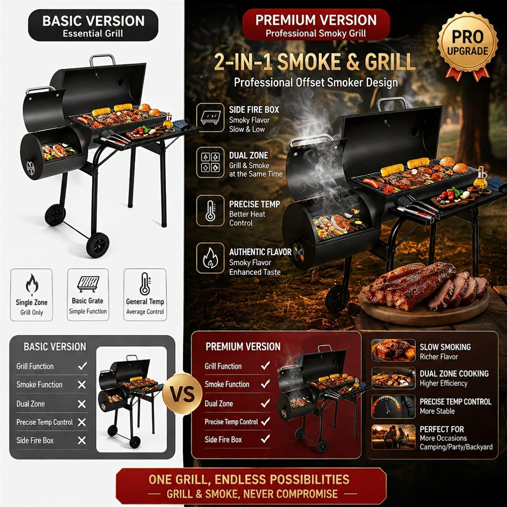 Barrel Charcoal Grill with Offset Smoker, Wheeled Cart, Side Firebox and Two Black Configuration Options
