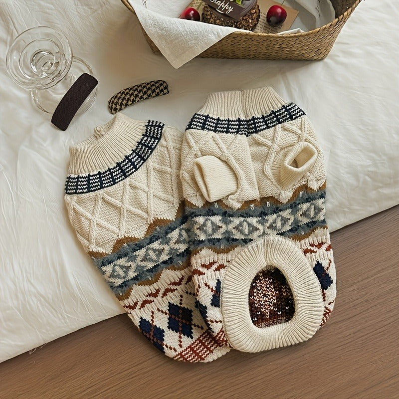 Cable-Knit Dog Turtleneck Sweater with Fair Isle Pattern, Beige or Blue and Five XS–XL Sizes