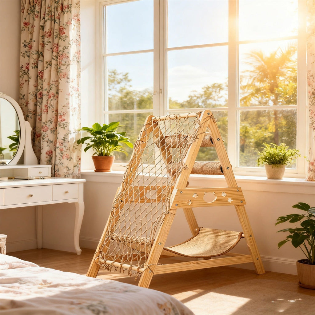 Cat Tree Triangle Cat Tower with Sisal Scratching Posts, Soft Hammock Bed & Hanging Feather Toys – Bamboo Stable Cat Climbing Tower