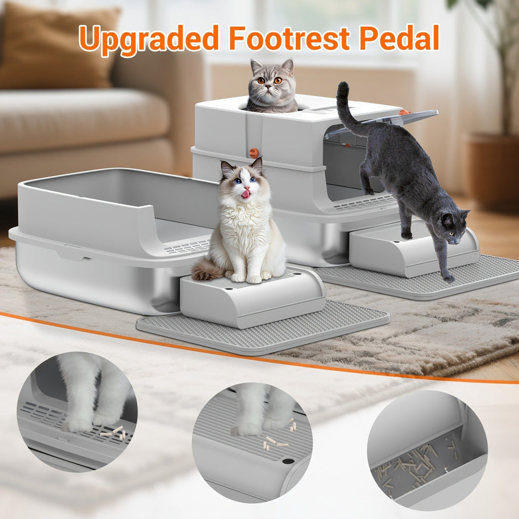 Stainless Steel Cat Litter Box with Lid – Extra Large 68L Enclosed & Semi-Open Modular System, 304 Steel Non-Stick Easy Clean