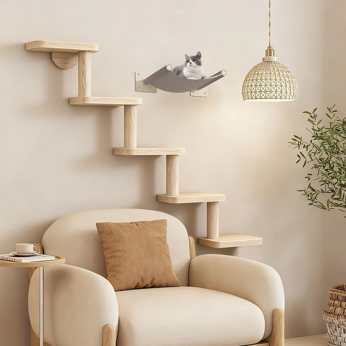 Wall-Mounted Cat Tree 5 Layers Solid Wood Indoor Cat Climbing Frame Jumping Platform Ladder Space-Saving for Small Spaces Multi-Cat Homes
