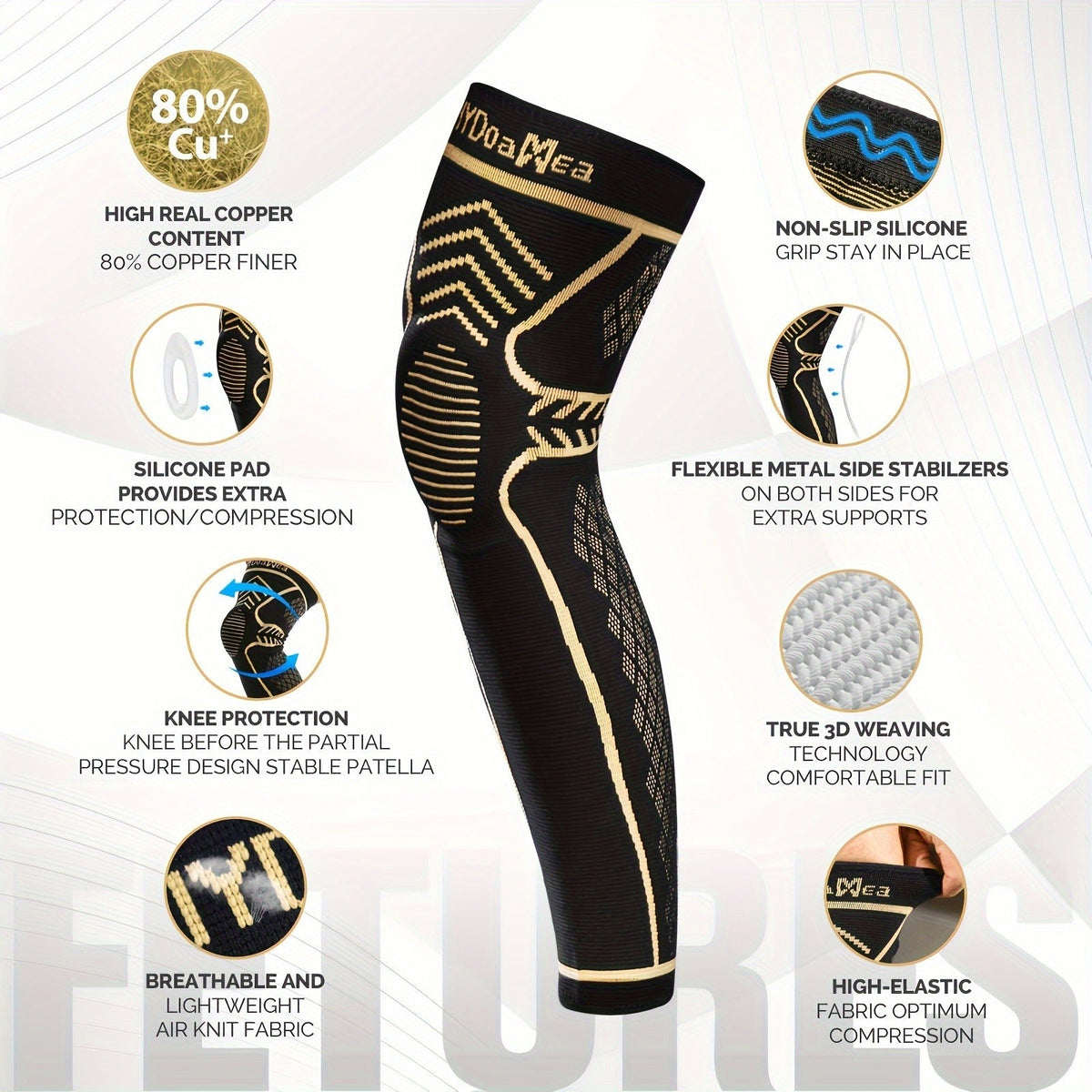 Copper Full Leg Knee Brace Compression Sleeve with Patella Gel Pad & Metal Side Stabilizers – 60% Copper Ions Infused Knee Support for Men