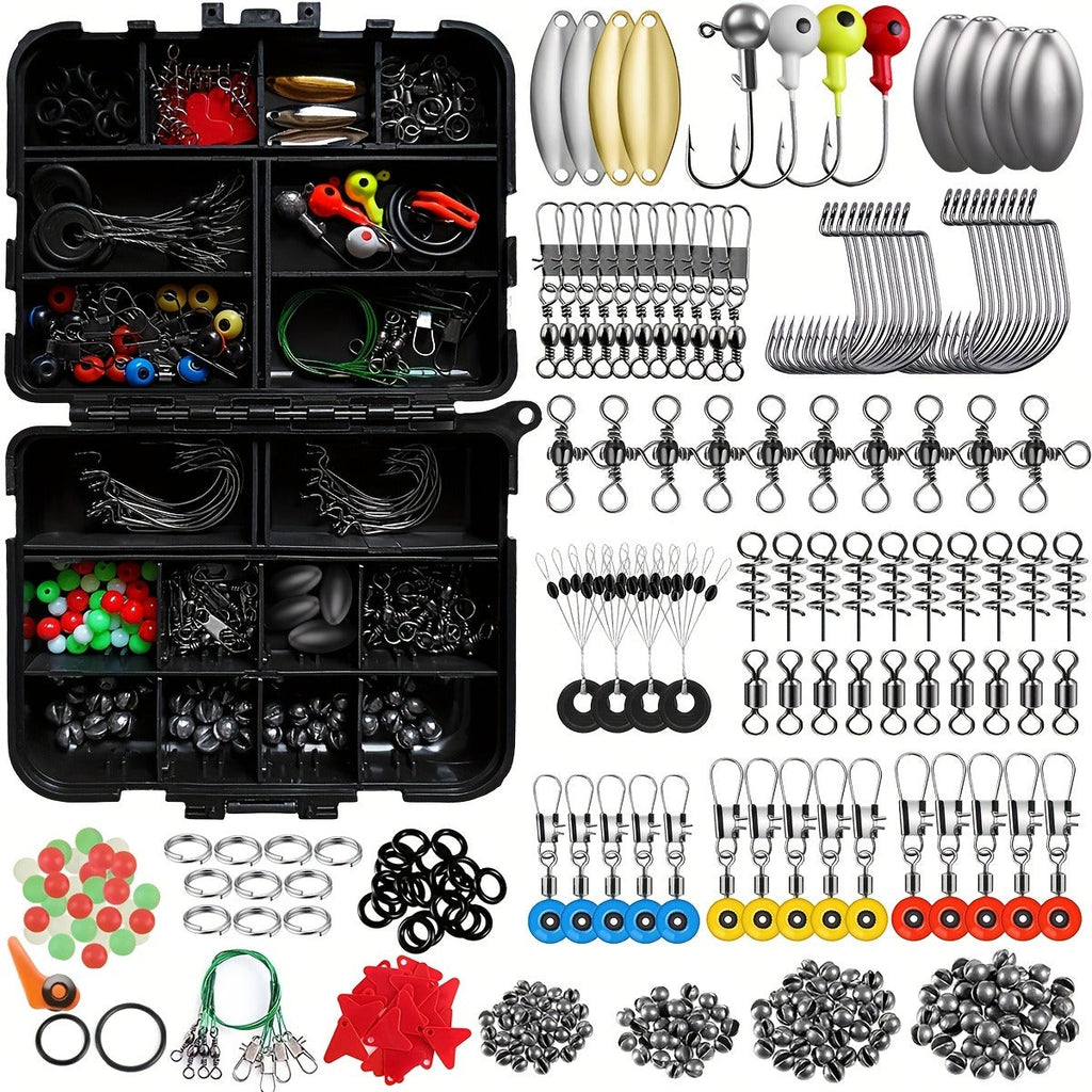 Fishing Tackle Kit 142/206/318 Pcs – Hooks, Jigs, Weights, Swivels, Beads & Connectors for Freshwater & Saltwater Bass Trout Fishing