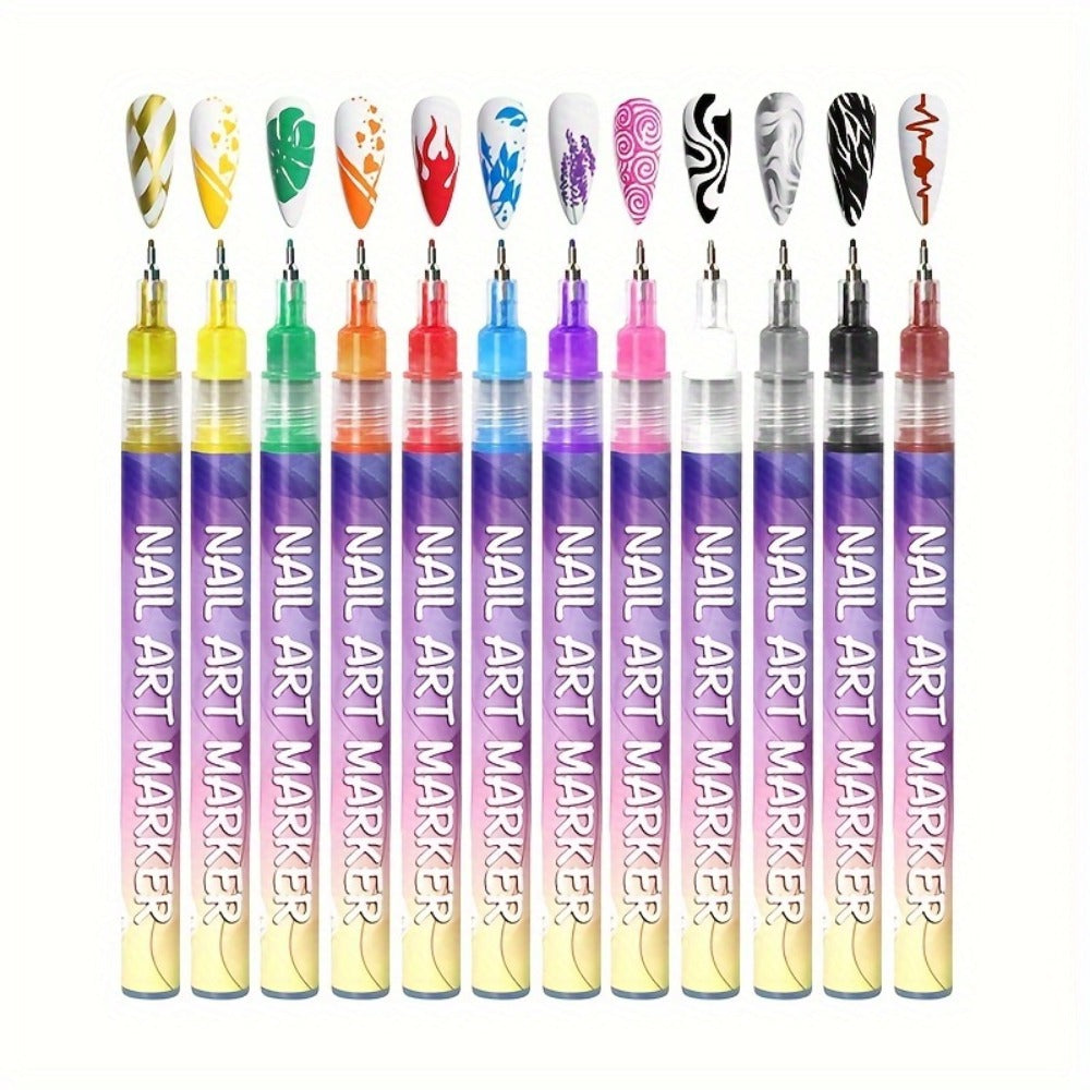Acrylic Nail Art Pen Set 12 Colors 3D Doodle & Dot Stitching Pens, Quick Drying Precision Fine Tip