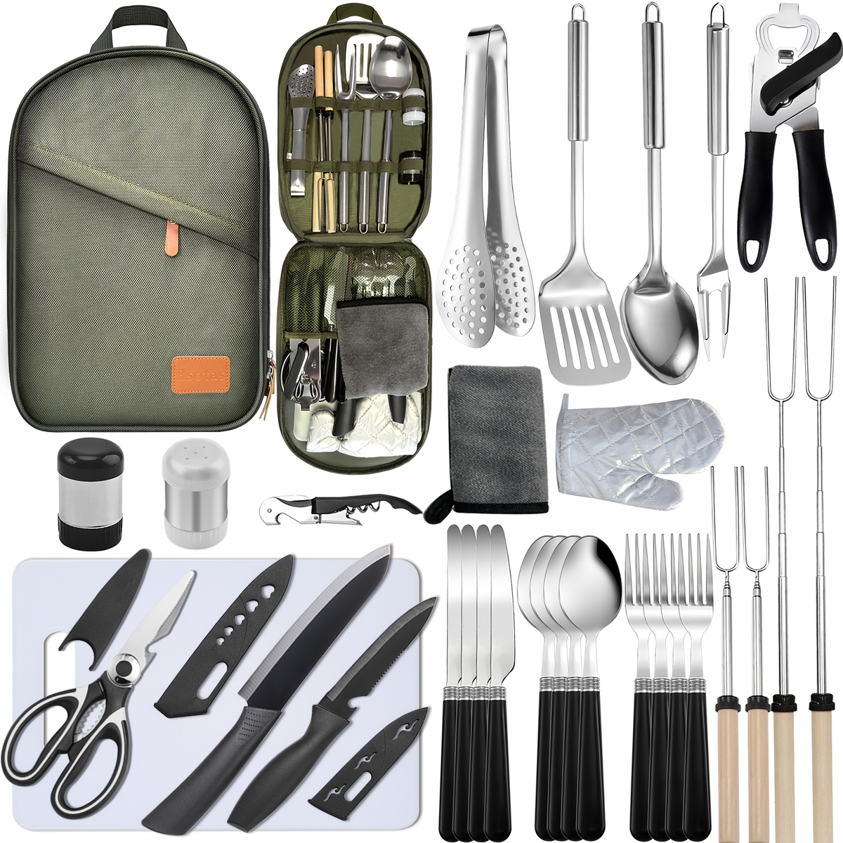 Camping Cookware Set, 31-Piece 304 Stainless Steel Camp Kitchen Tool Kit with Knives, Board and Organizer Bag