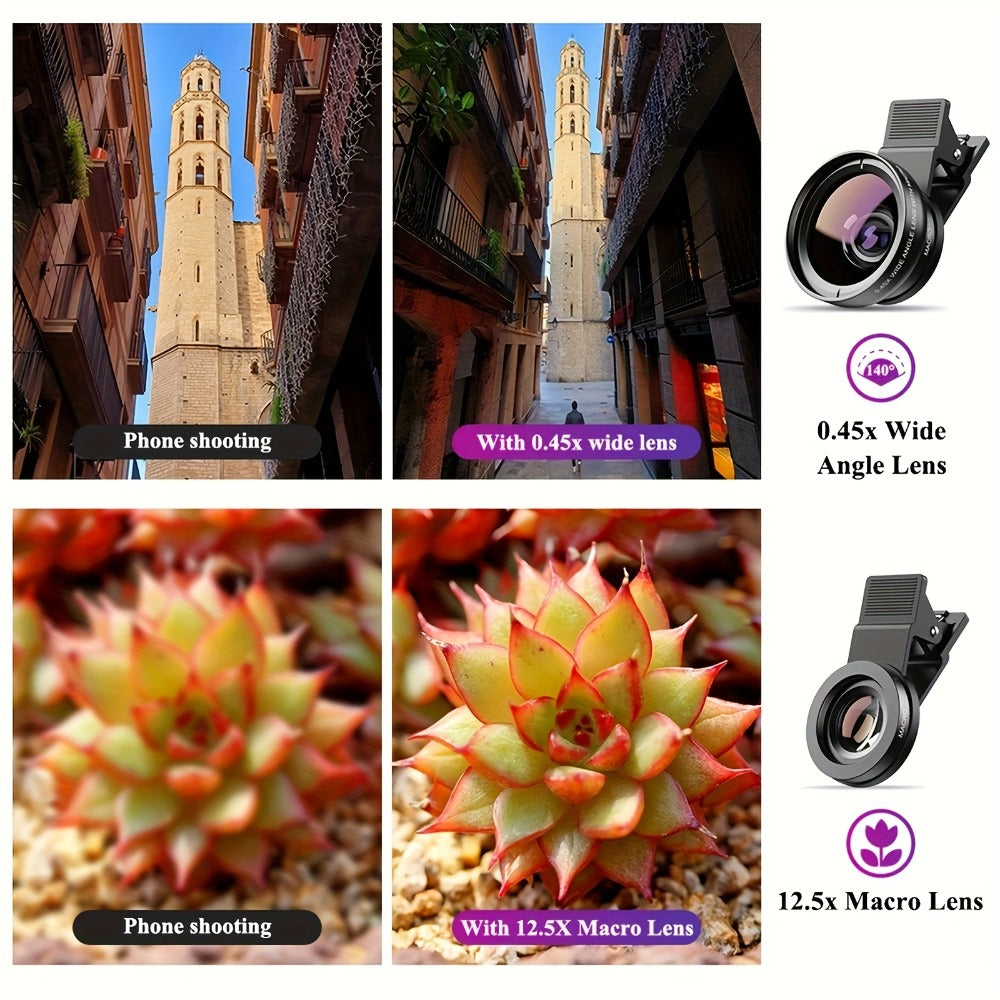 Clip-On Phone Lens Kit 2-in-1 – 0.45x HD Wide Angle & 12.5x Super Macro Lens for iPhone & Android, Universal Smartphone Camera Upgrade