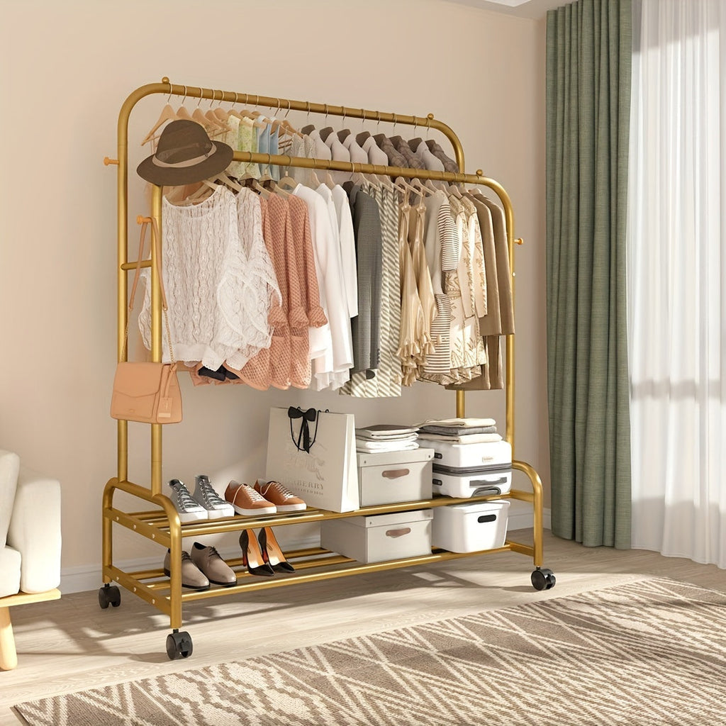 Black or Gold-Color Double-Rod Clothing Rack with Wheels, Side Hooks and 150 x 110 x 46 cm Frame