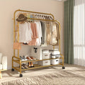 Black or Gold-Color Double-Rod Clothing Rack with Wheels, Side Hooks and 150 x 110 x 46 cm Frame