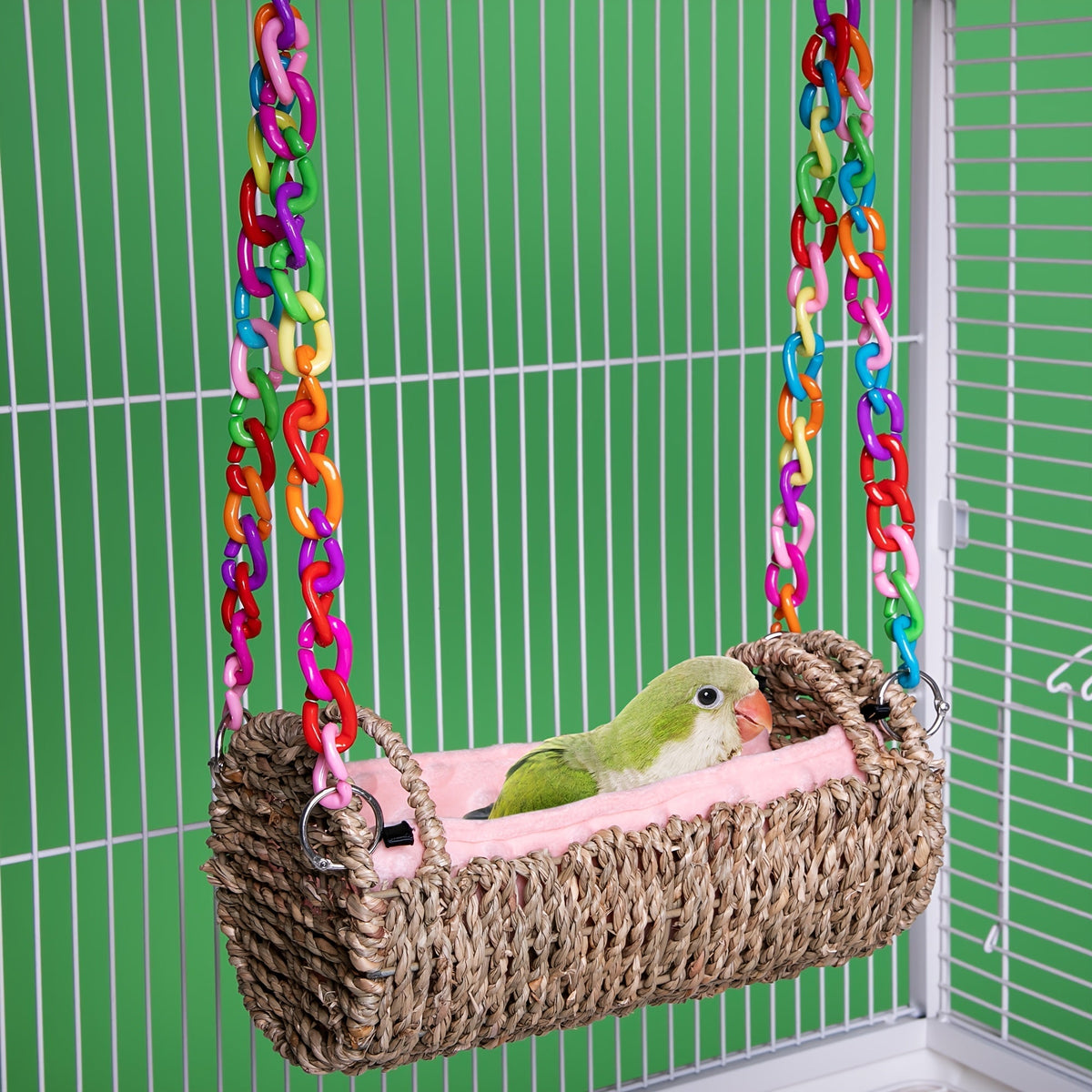 Rattan Hanging Bird Nest and Swing with Removable Mat and Choice of Natural Rope or Colorful Chain