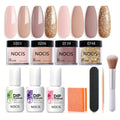 Dip Powder Nail Kit with NOCIS Label, Four Nude and Gold Glitter Powders, Three 10ml Liquids and Four Tools