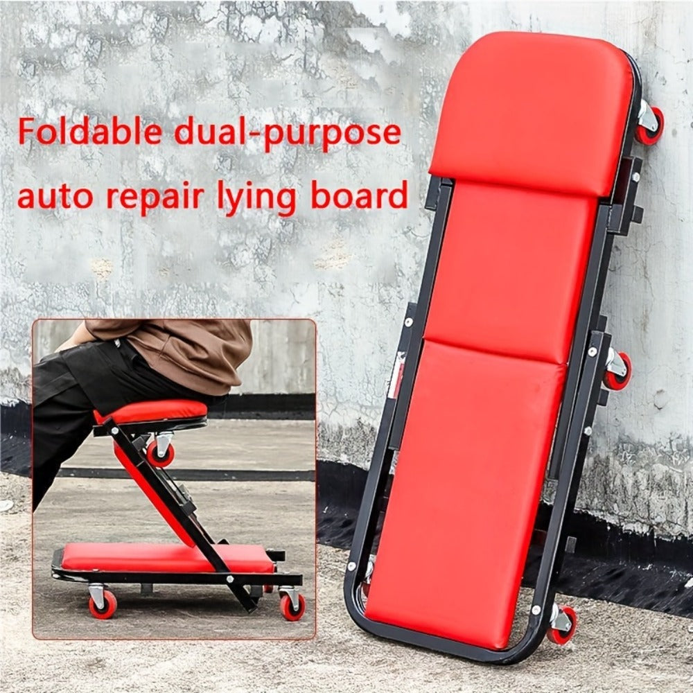 Mechanic Creeper Seat & Rolling Work Stool – Foldable 2-in-1 Auto Repair Crawler, 300 lb Capacity, Adjustable Height, 6 Swivel Wheels