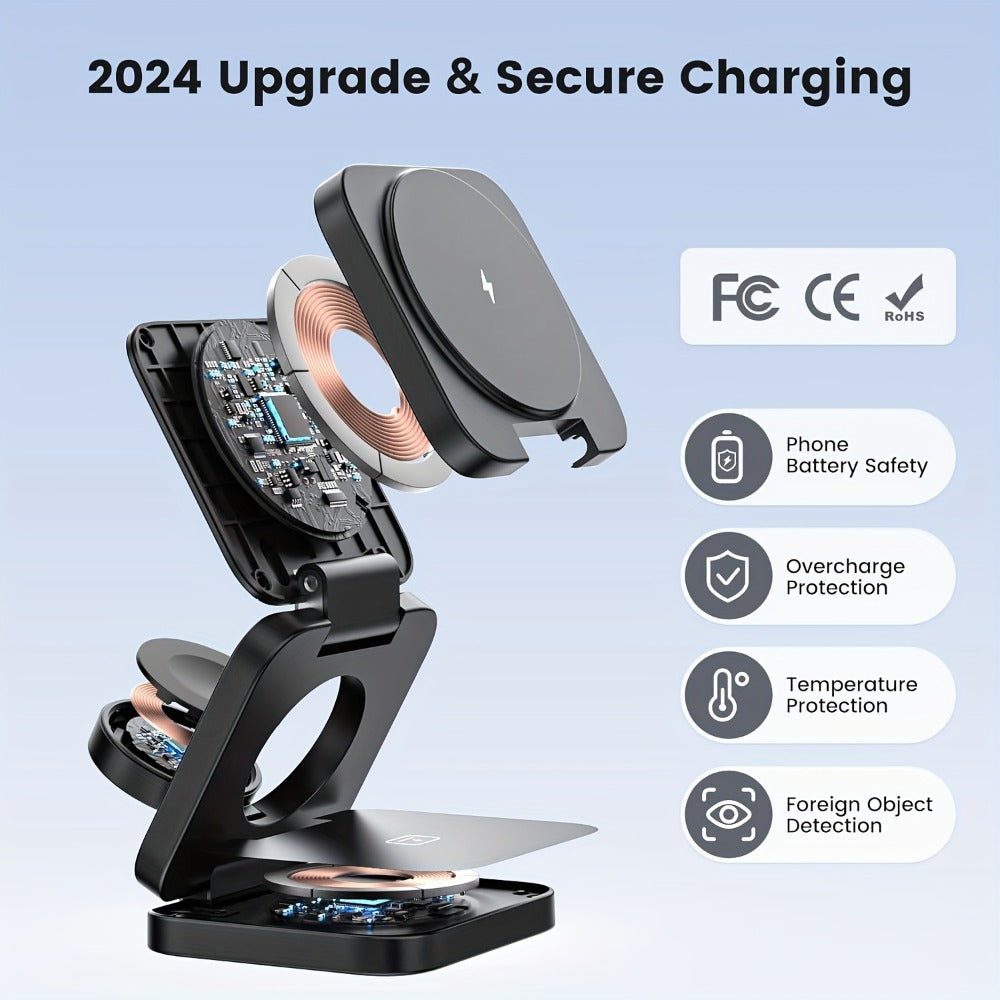 Charging Station for Apple Devices, Alilong Foldable 3-in-1 Magnetic Travel Dock in Black for Apple Devices