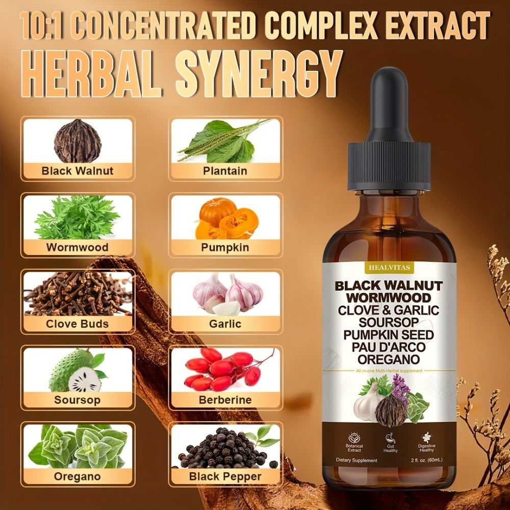 Black Walnut Wormwood Tincture 2 fl oz, Gut Health & Colon Cleanse Herbal Drops with Soursop, Oregano