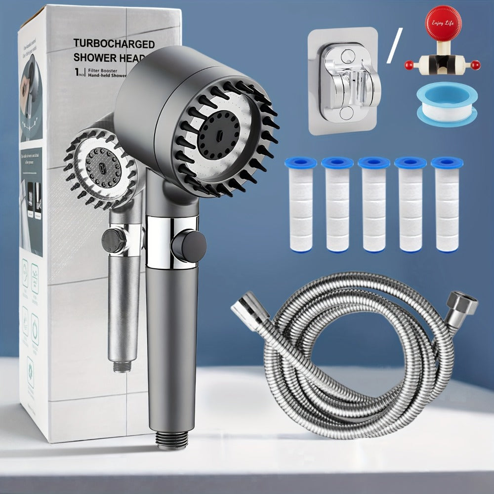 Handheld Shower Head with Rotating Spray Selector, On-Off Button, Hose, Five Cartridges and Two Bracket Options