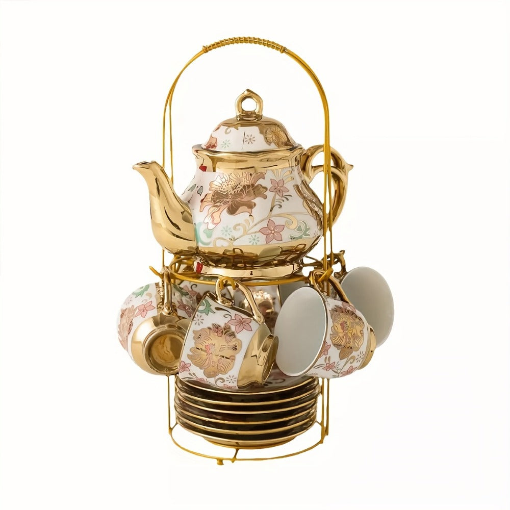 20-Piece Floral Ceramic Tea Set with Saucers & Metal Stand, European Afternoon Tea Service, Blooming Design