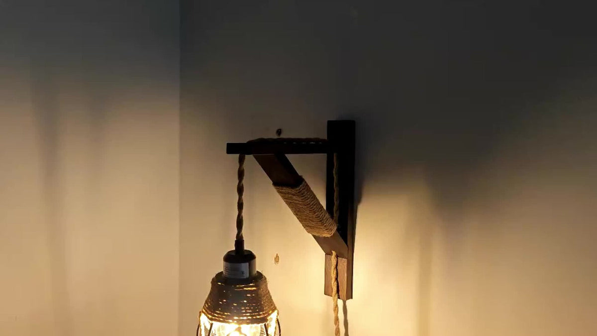 Plug-In Cage Wall Sconce with Wooden Bracket, 250 cm Cord and Single or Two-Piece Farmhouse Options