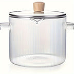 Ribbed Transparent Glass Cooking Pot with Lid in 60.87oz or 77.77oz Sizes, Clear Side Handles and Pouring Spout