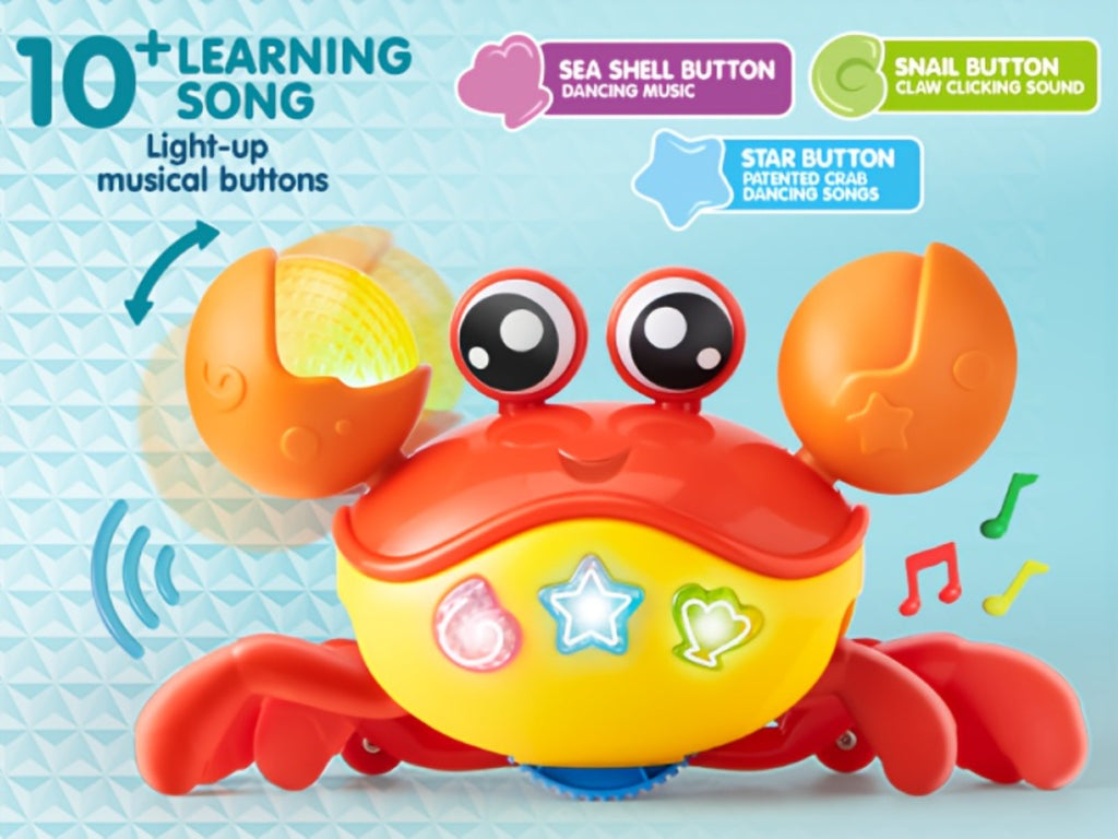 Musical Crawling Crab Toy with Light-Up Buttons, Moving Claws and Obstacle-Avoiding Motion